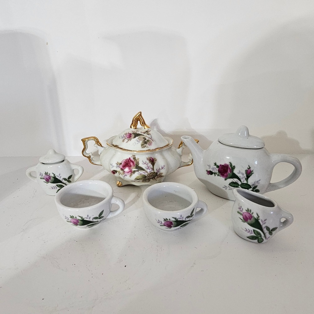 Vintage Miniature Porcelain Tea Set 6pc Pink Rose Floral Gold Trim IC Mark